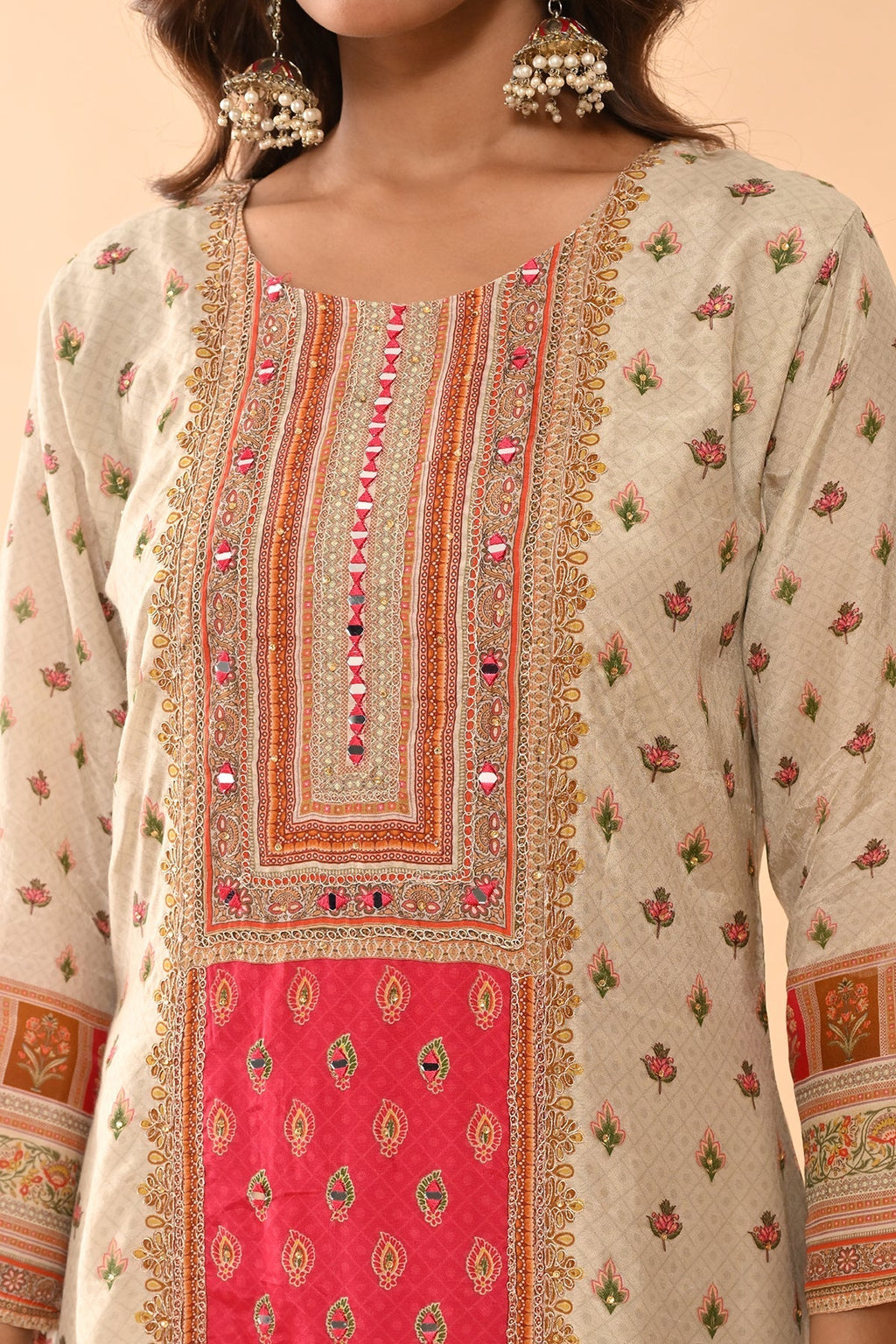 Beige Embellished Kurta 3 Pcs Set
