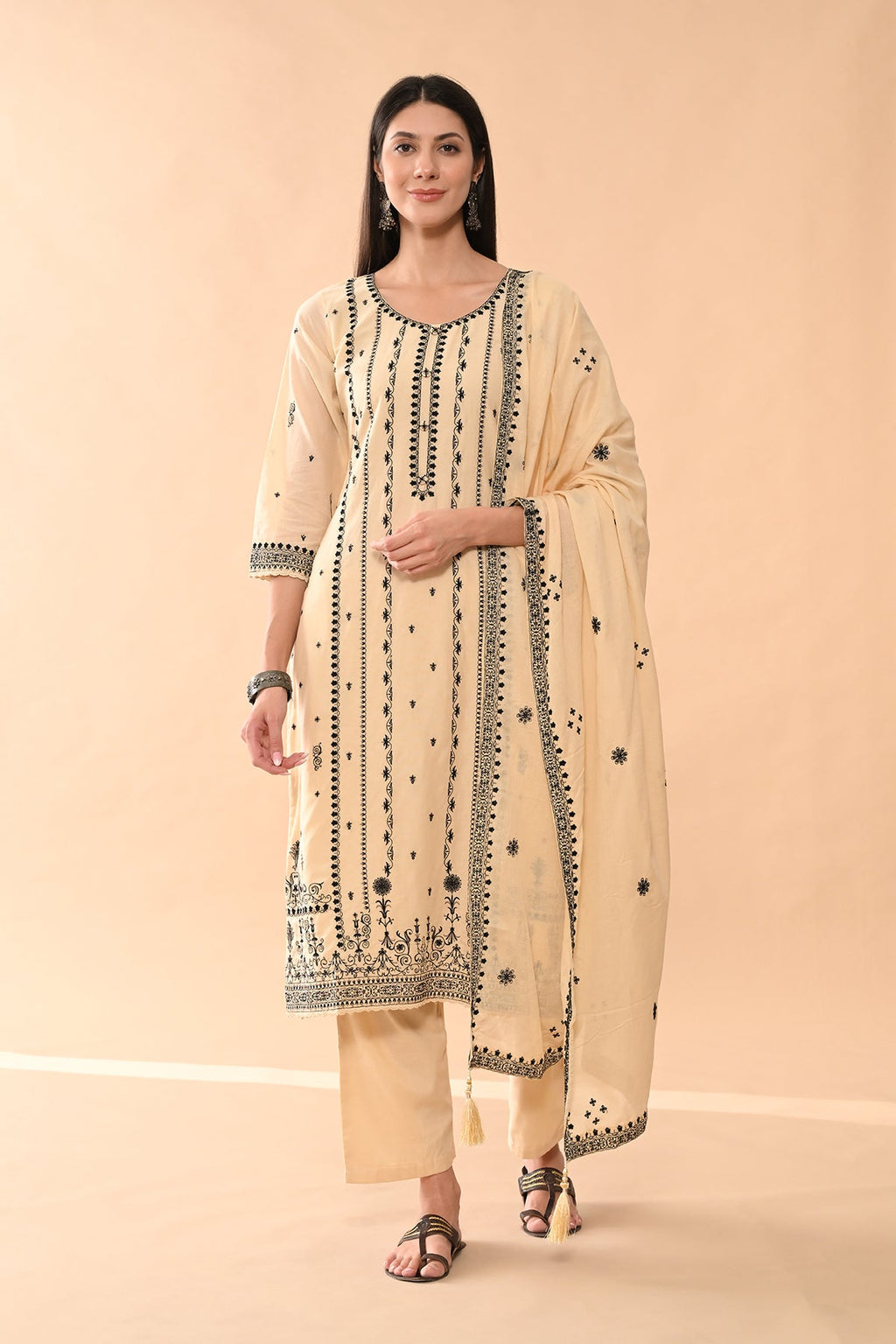 Beige Embroidered Kurta 3 Pcs Set