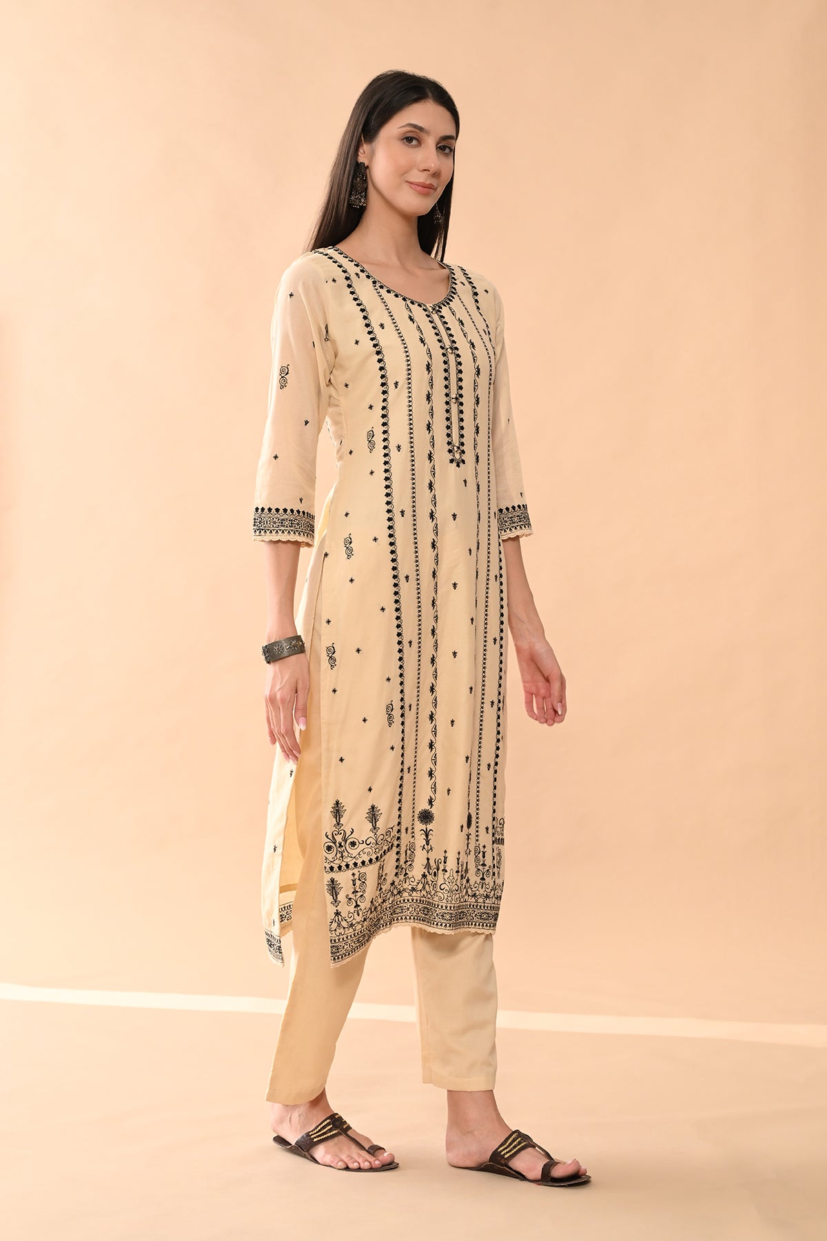 Beige Embroidered Kurta 3 Pcs Set