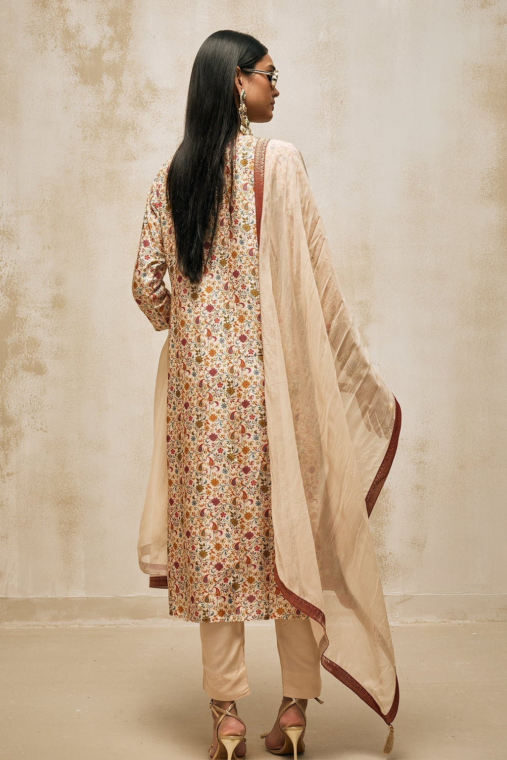 Beige Embellished Kurta 3 Pcs Set