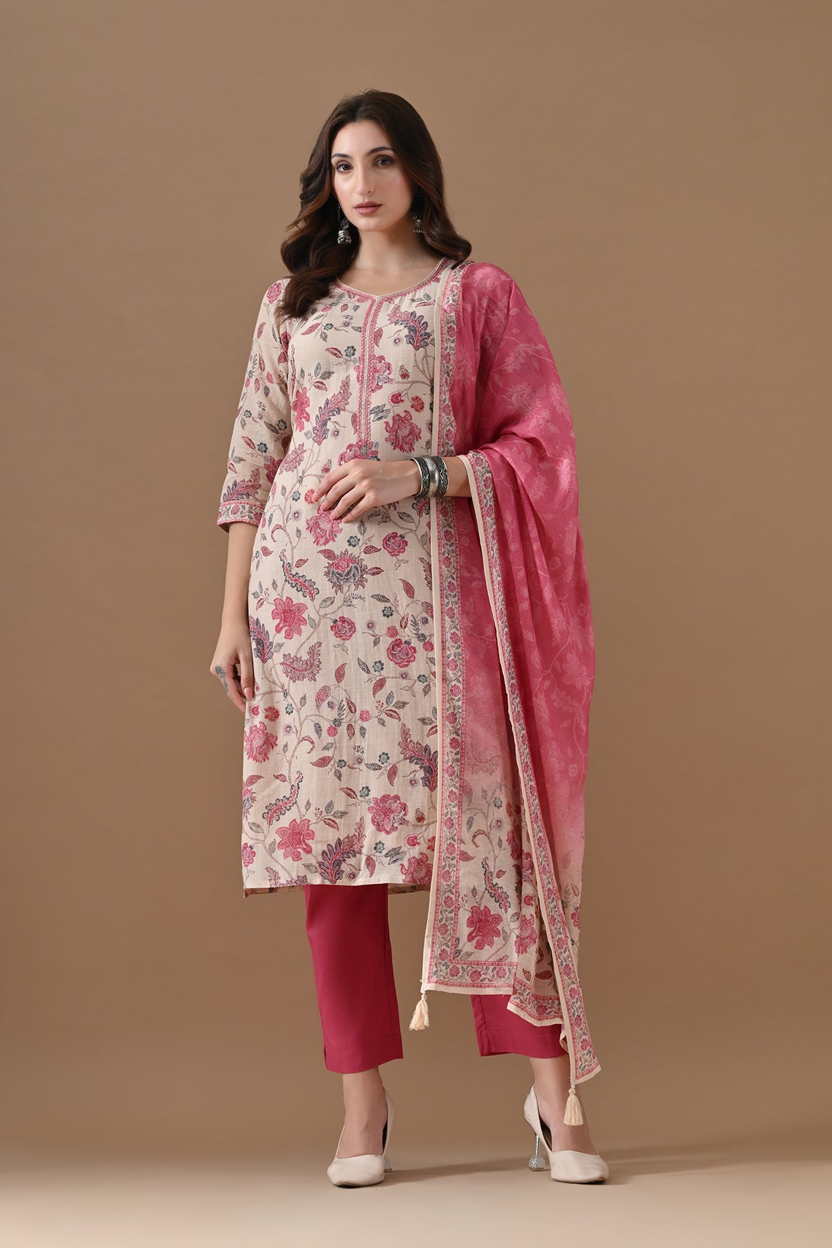 Beige Floral Printed Kurta 3 Pcs Set