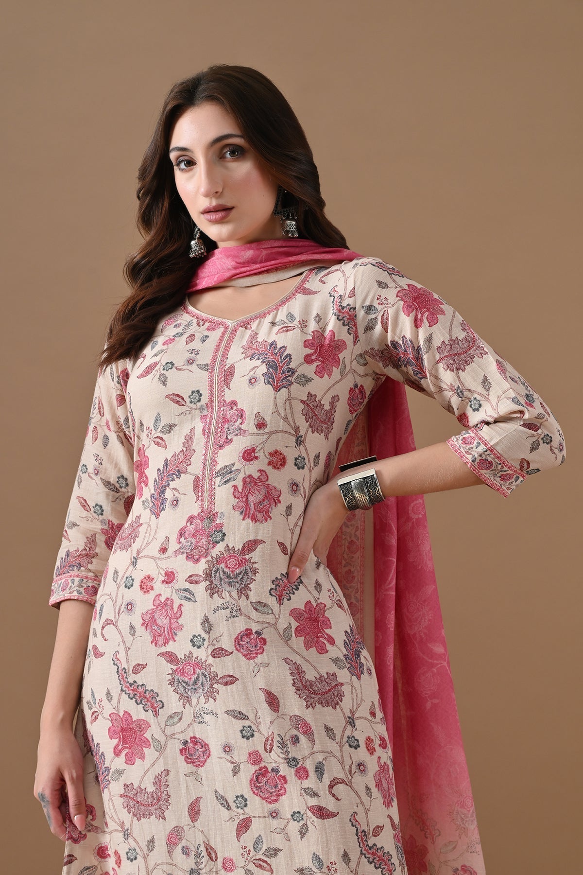 Beige Floral Printed Kurta 3 Pcs Set