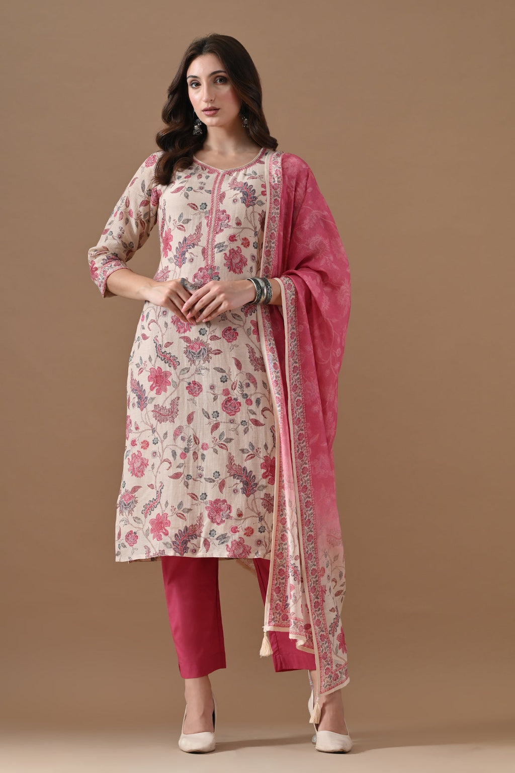 Beige Floral Printed Kurta 3 Pcs Set