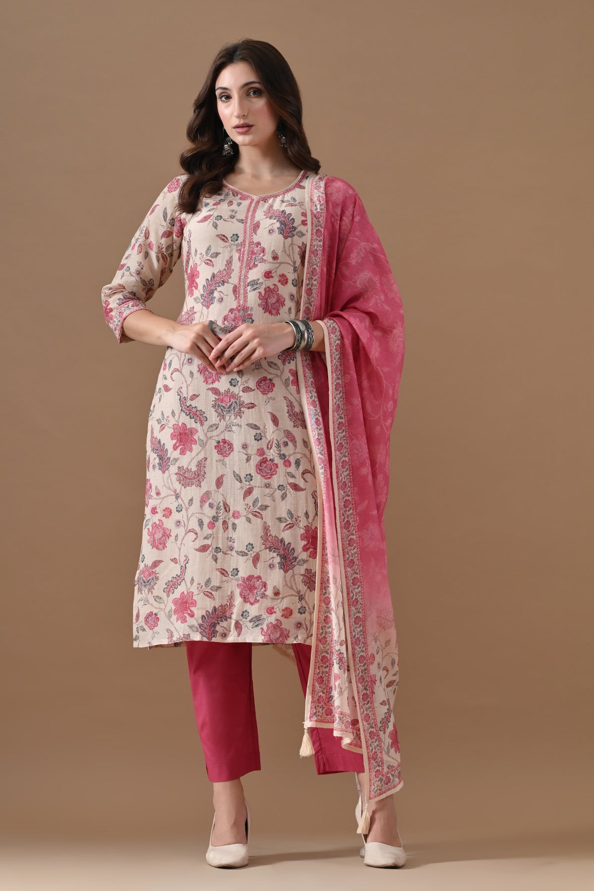 Beige Floral Printed Kurta 3 Pcs Set