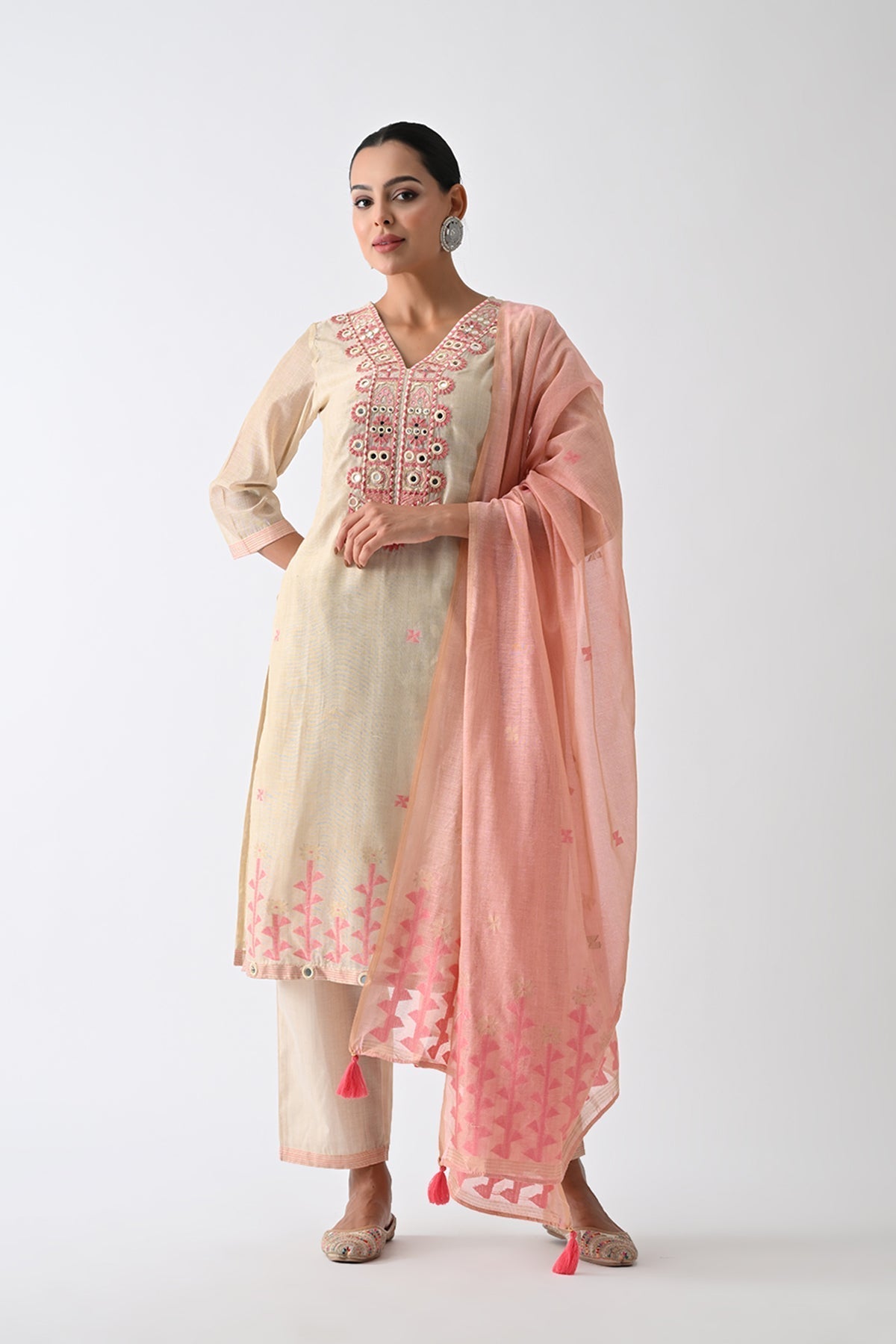 Beige Embellished Kurta 3 Pcs Set