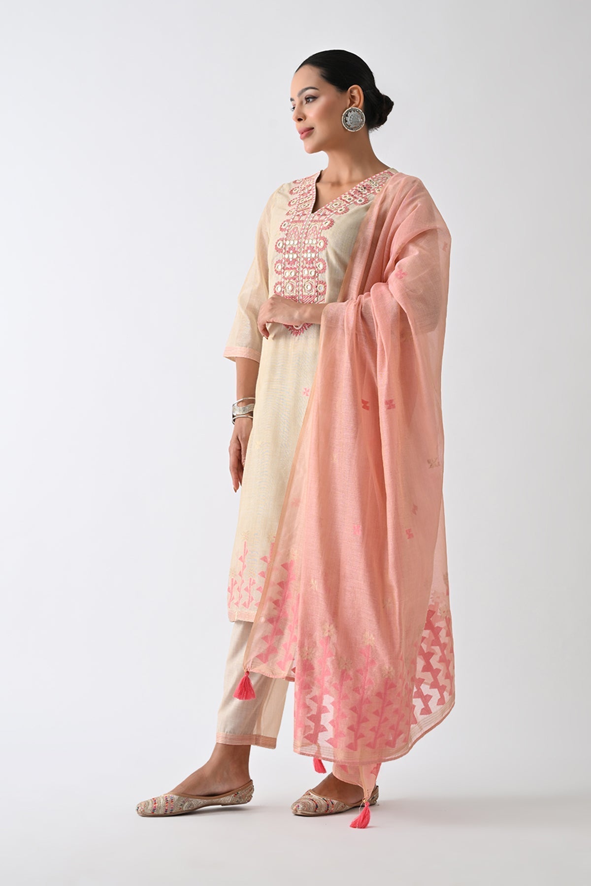Beige Embellished Kurta 3 Pcs Set