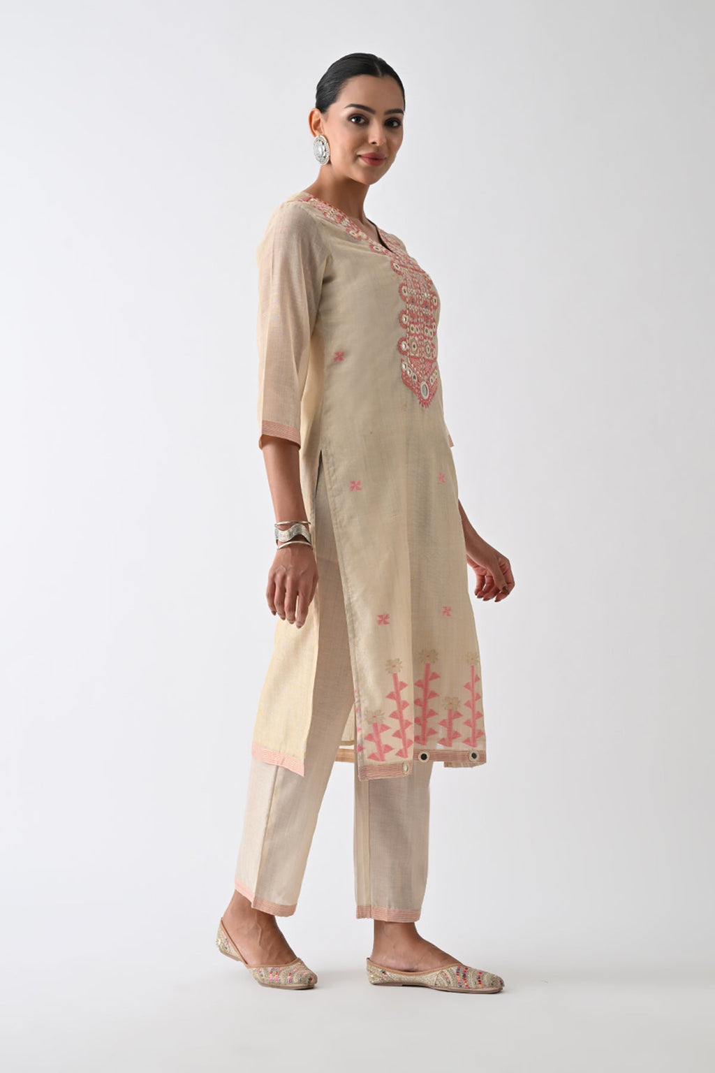 Beige Embellished Kurta 3 Pcs Set