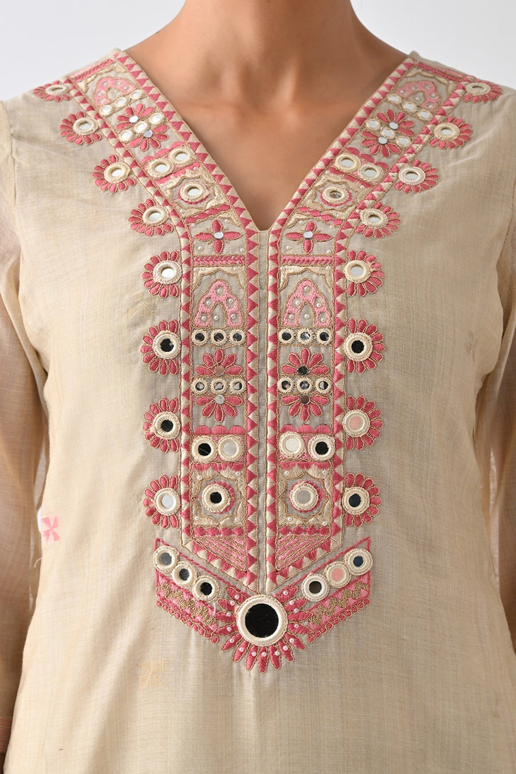 Beige Embellished Kurta 3 Pcs Set
