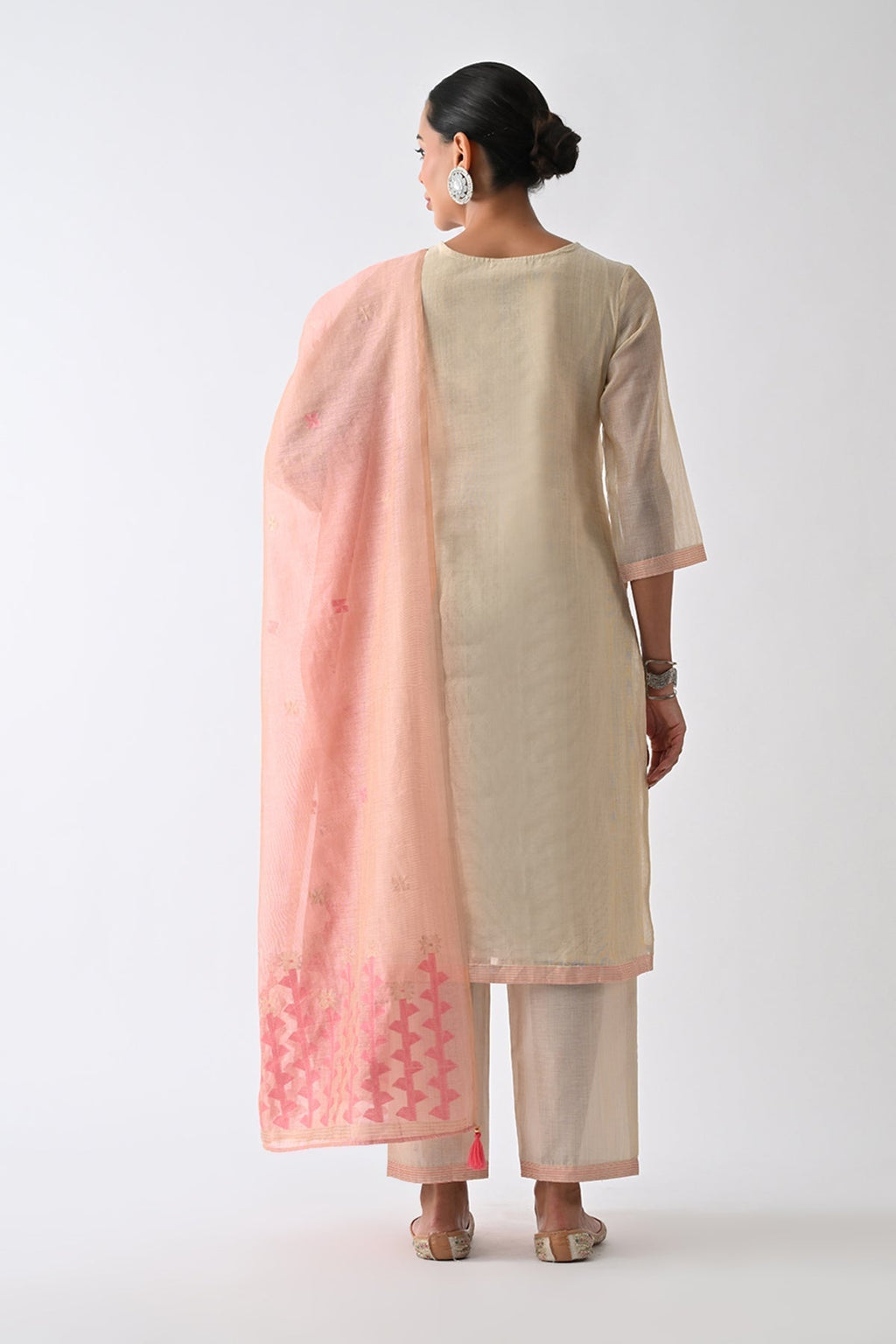 Beige Embellished Kurta 3 Pcs Set