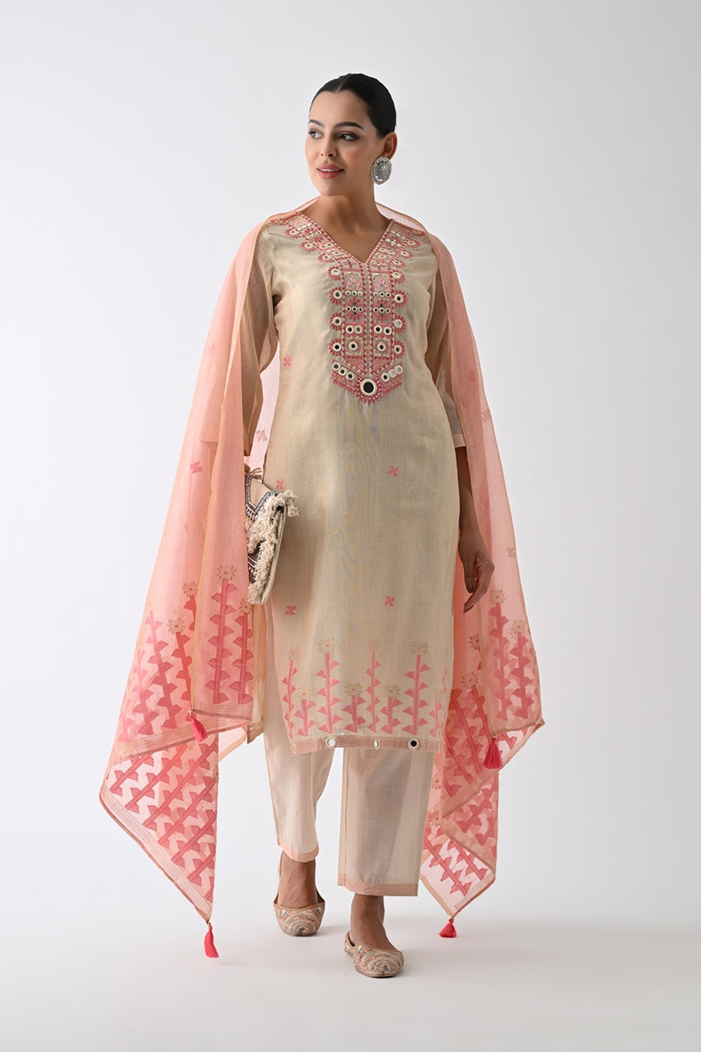 Beige Embellished Kurta 3 Pcs Set