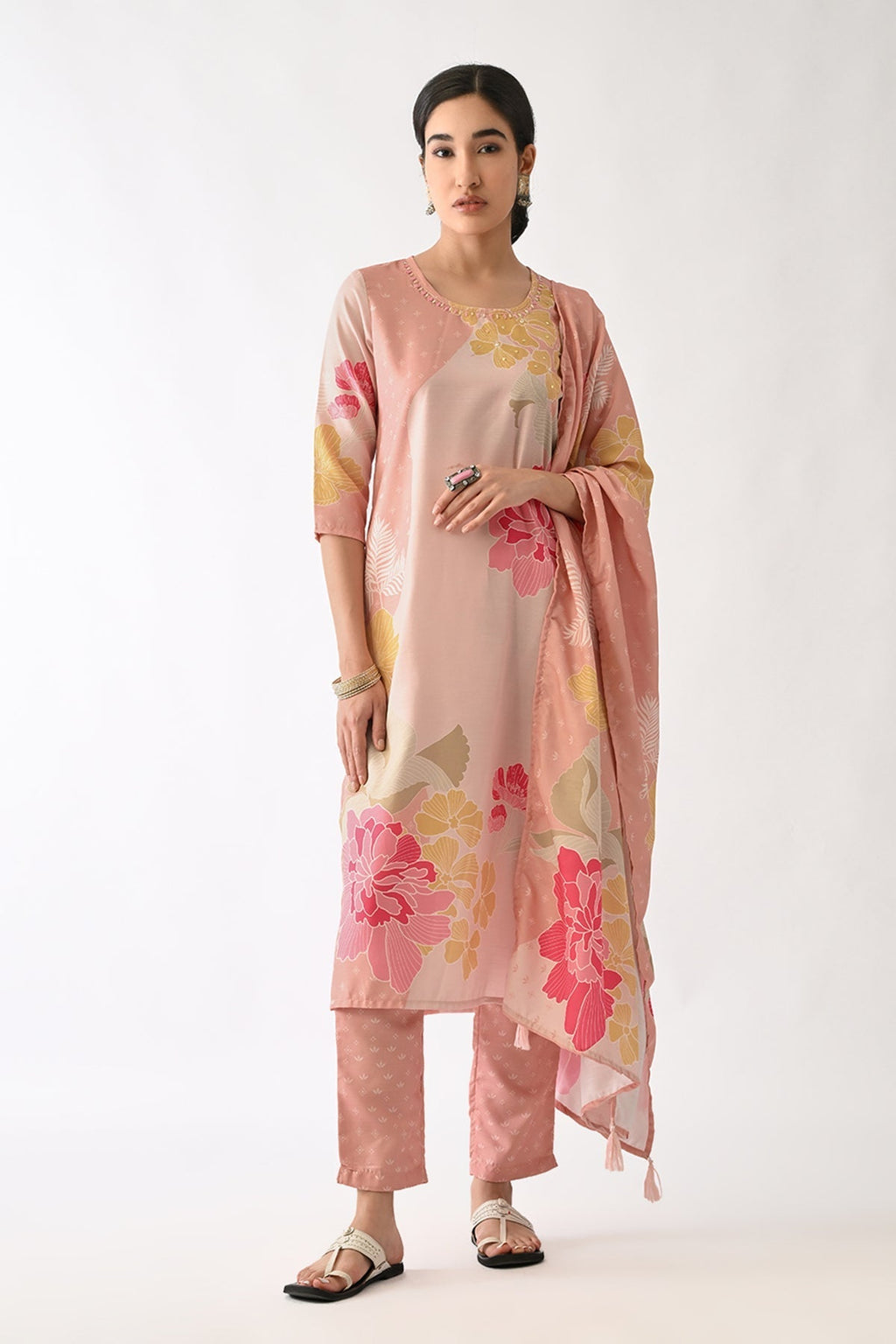 Baby Pink Printed Kurta 3 Pcs Set