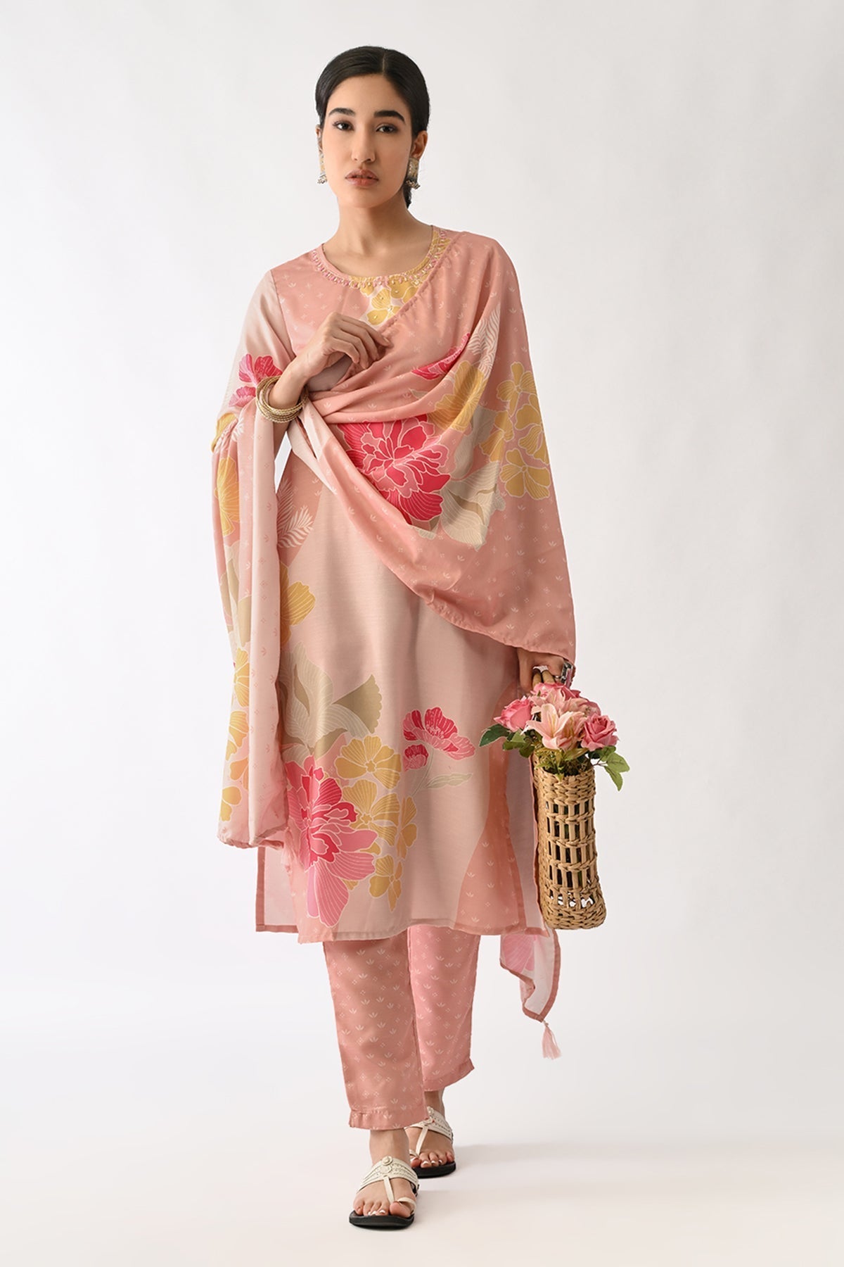 Baby Pink Printed Kurta 3 Pcs Set