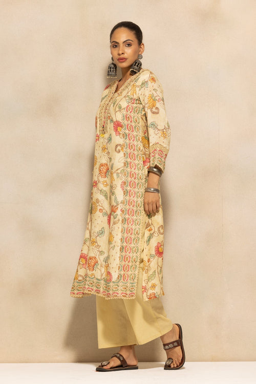 Beige Embellished A-line Kurta 3 Pcs Set
