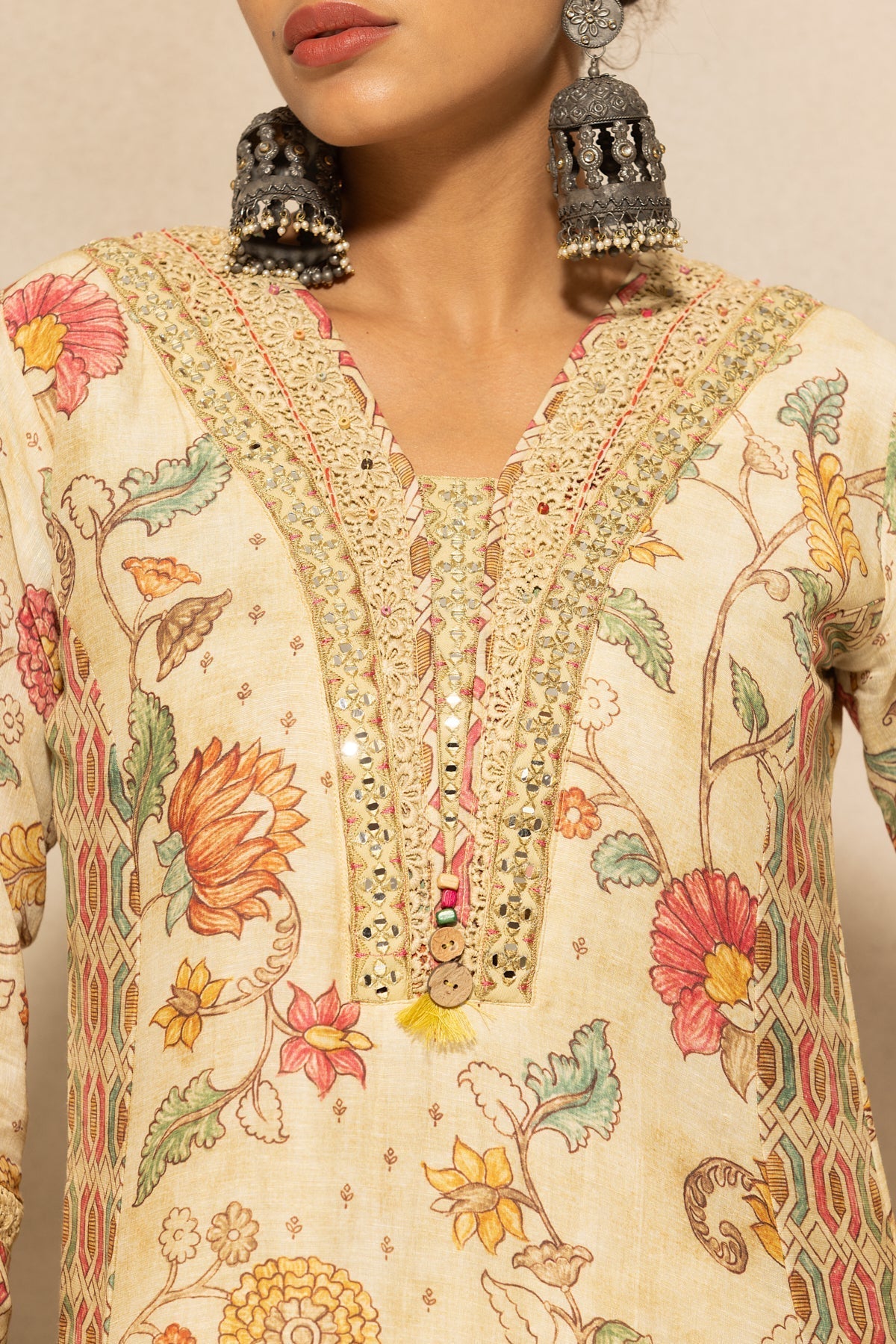 Beige Embellished A-line Kurta 3 Pcs Set