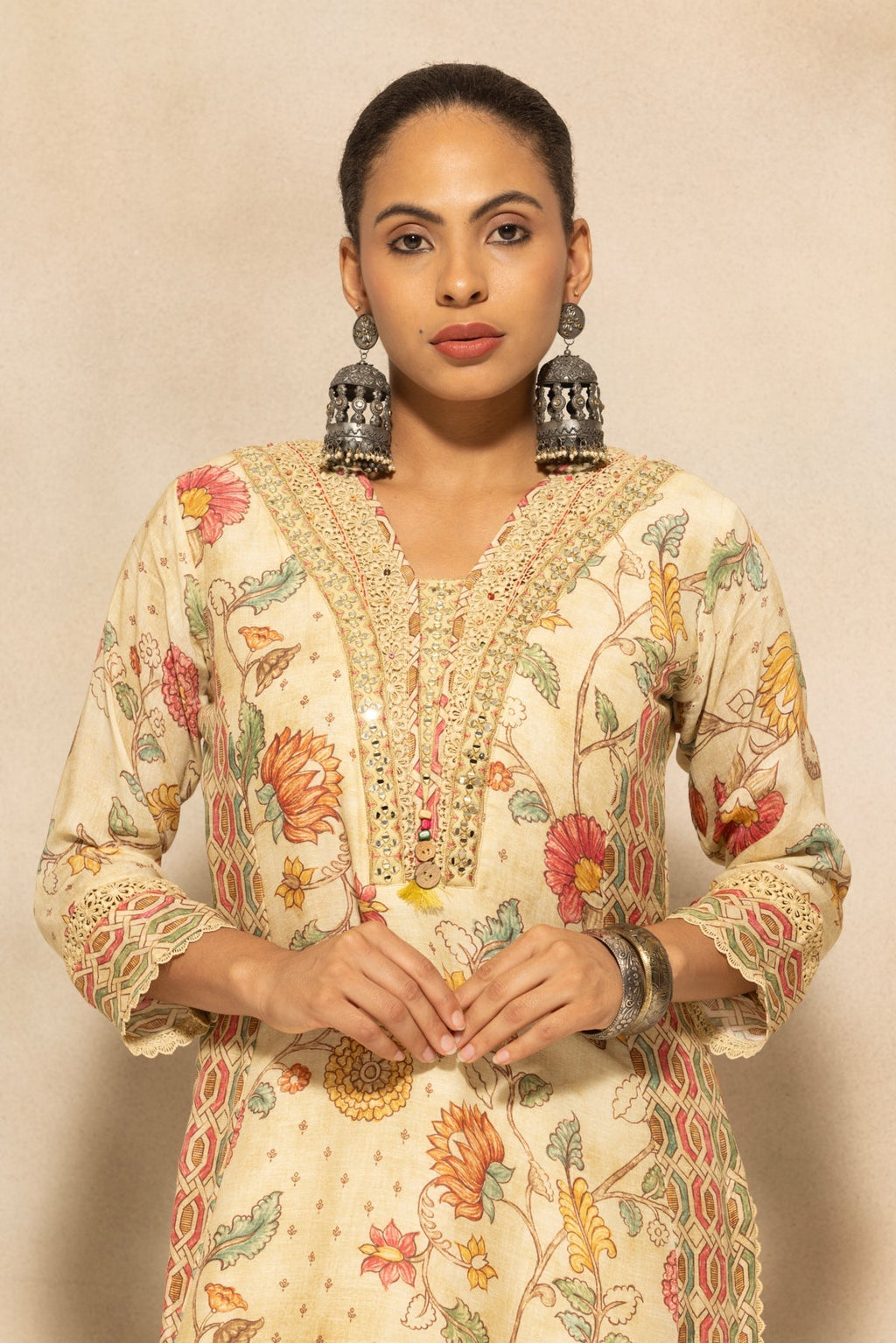 Beige Embellished A-line Kurta 3 Pcs Set
