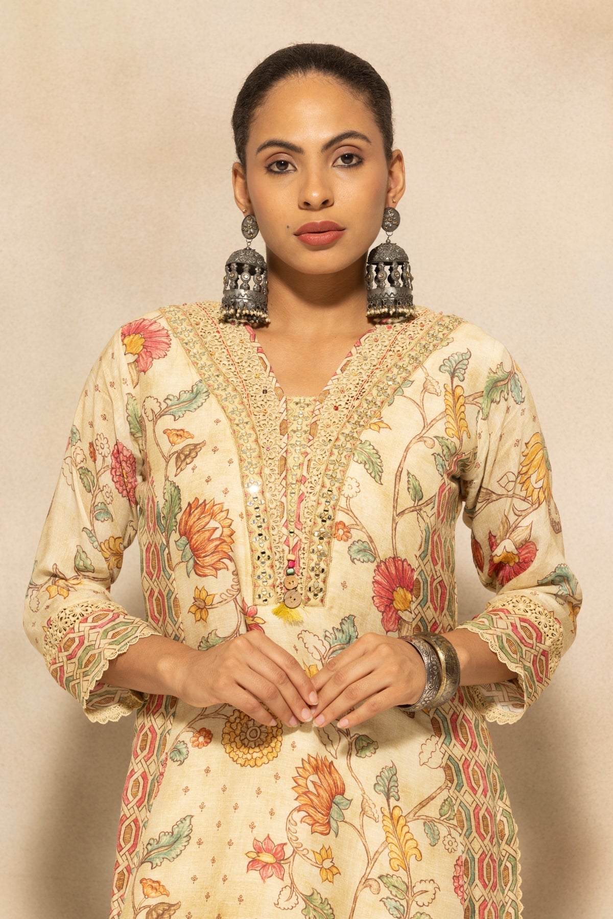 Beige Embellished A-line Kurta 3 Pcs Set