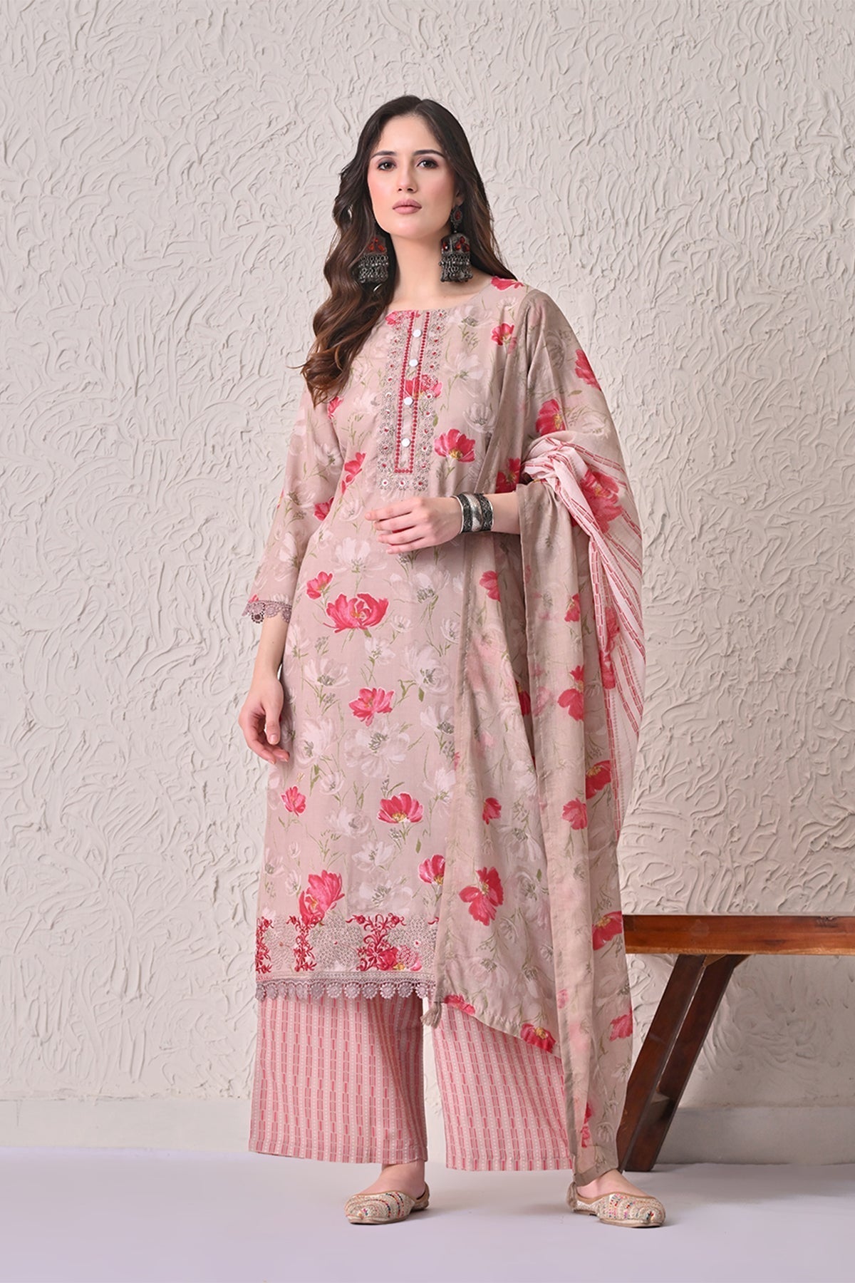Beige Floral Printed Kurta 3 Pcs Set