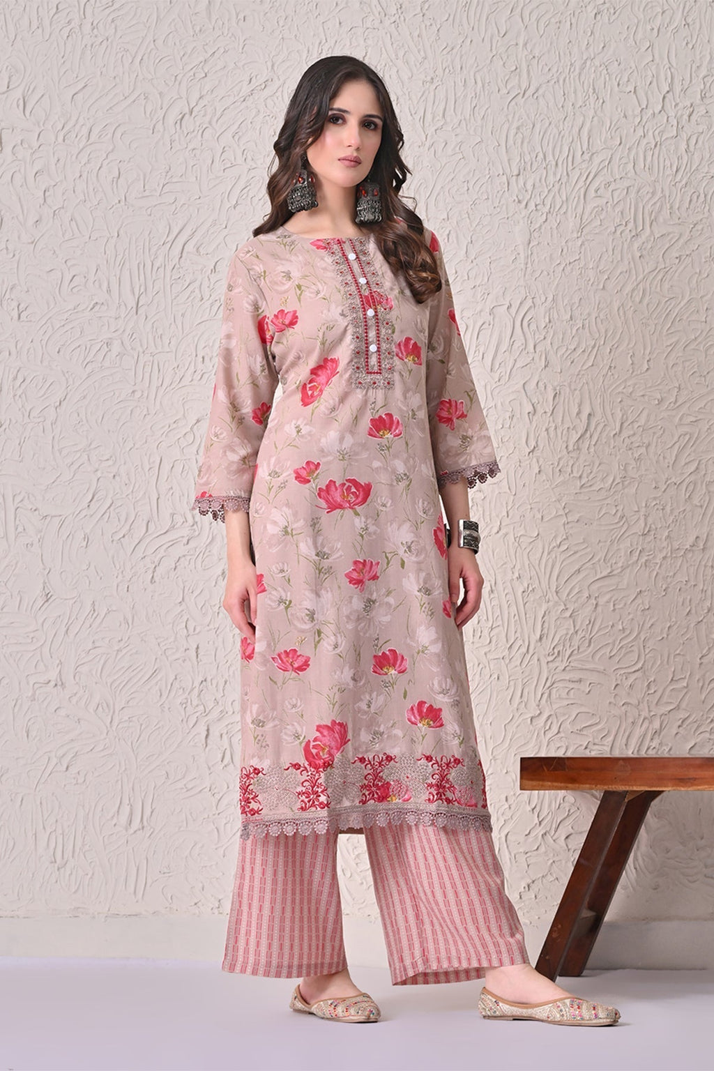 Beige Floral Printed Kurta 3 Pcs Set