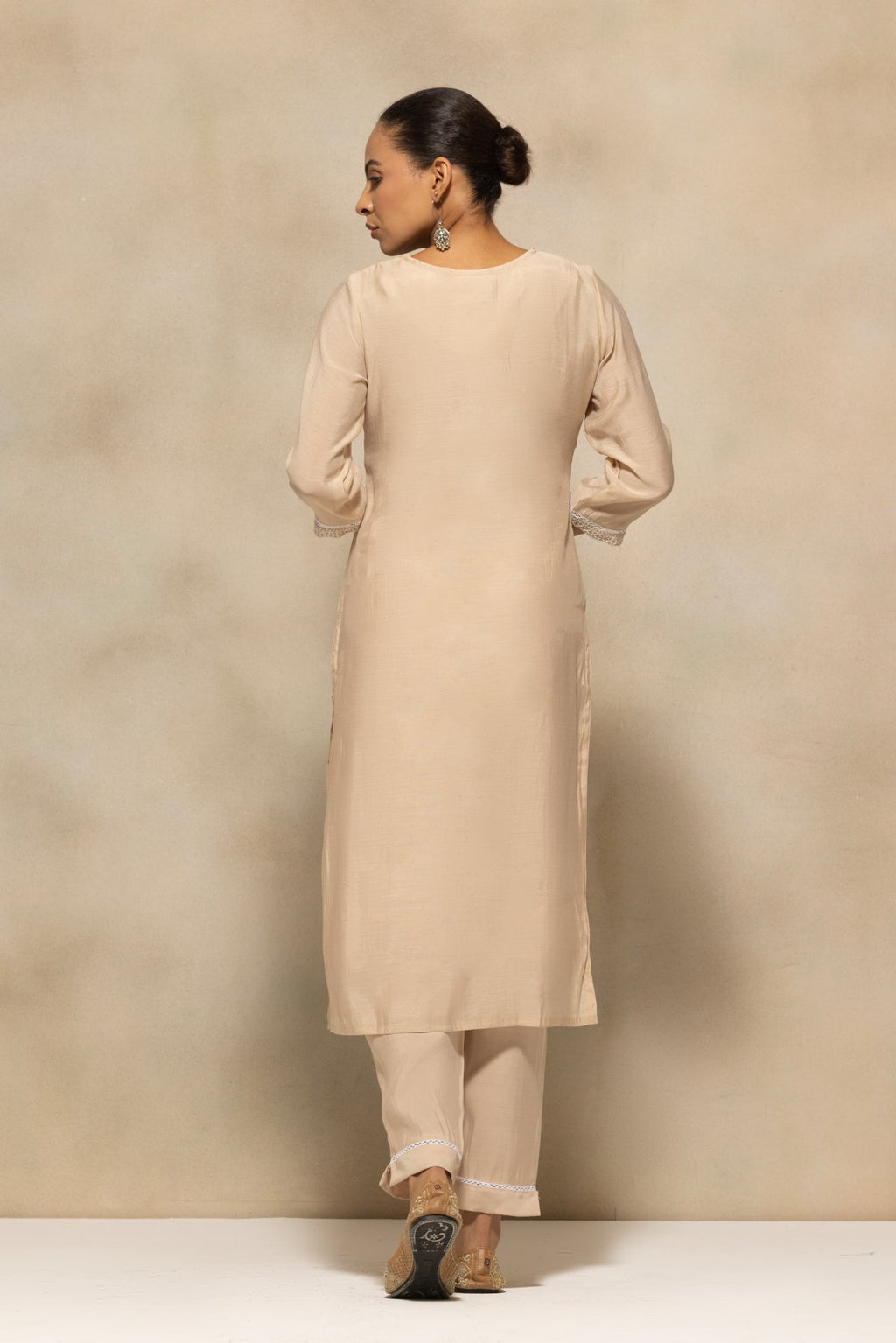 Beige Embroidered Kurta 3 Pcs Set