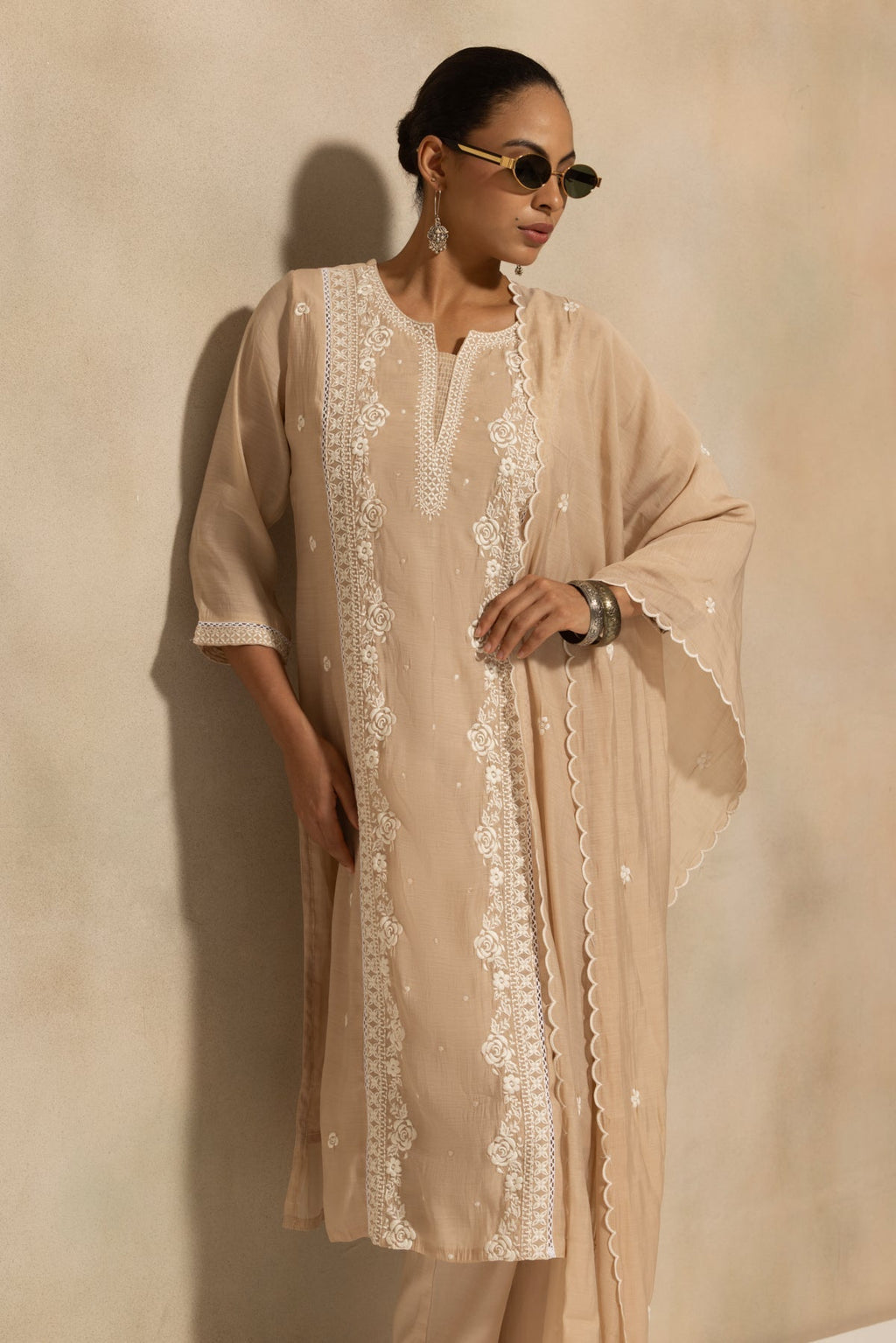 Beige Embroidered Kurta 3 Pcs Set